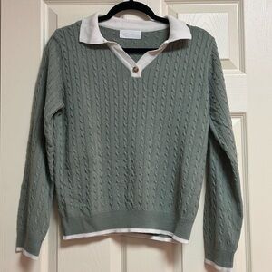 Pigment Green Cable Knit Sweater with White Collar